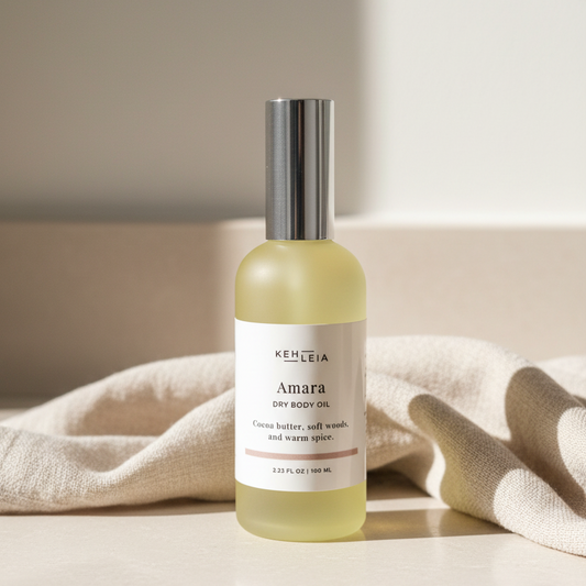 KehLeia Amara dry body oil bottle on a neutral background