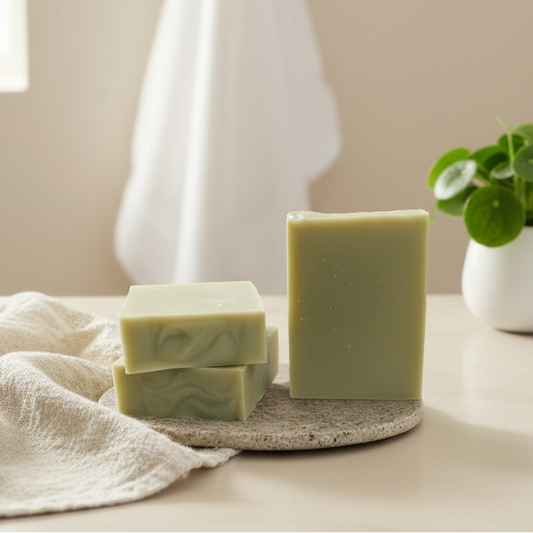 Lime Grove soap on bathroom counter with hanging towel
