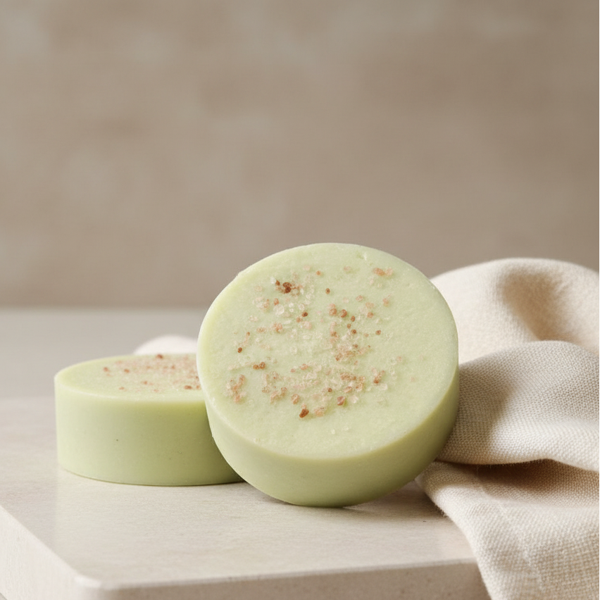 Two green soap bars with a natural finish on a beige surface with a cloth.