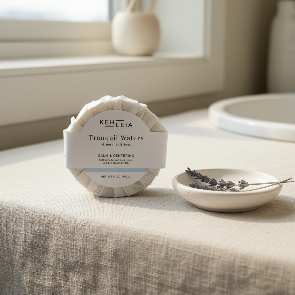 Kehleia Tranquil Waters mineral salt soap on a linen surface