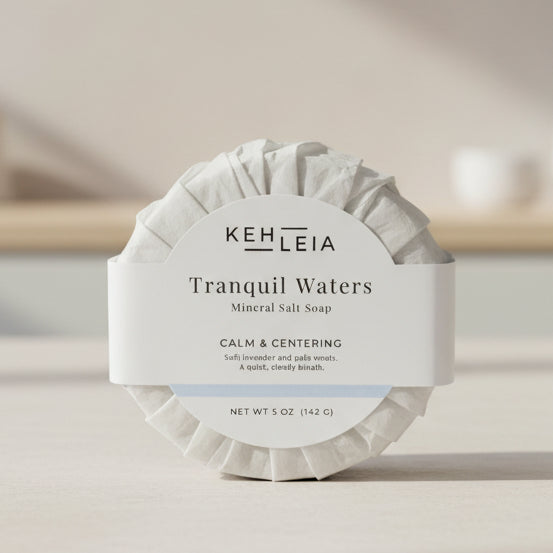 Kehleia Tranquil Waters mineral salt soap on a neutral surface