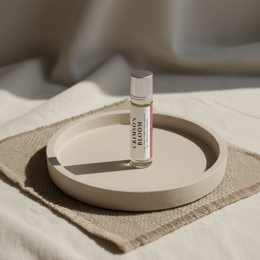 Roll-on perfume bottle labeled 'Crimson Bloom' on a white background