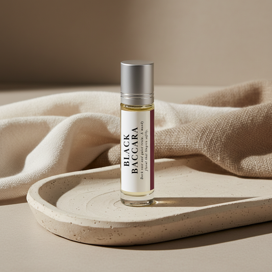 Perfume bottle labeled 'Black Baccara' on a white background