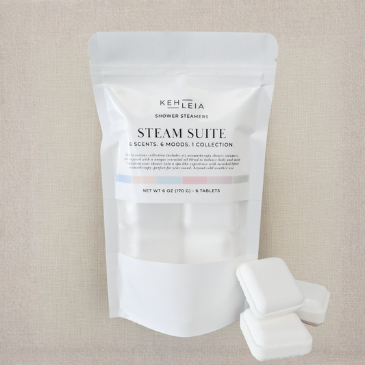 Kehleia Steam Suite shower steamers packaging on a beige background